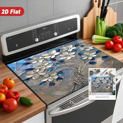 1pc Stove Cover Protective Pad, Elegant Stained Glass Art With White Flowers And Deep Blue Leaves, Creating A Sophisticated And  Visual Statement Perfect For Decor, Anti Scratch Pad, Washable, Heat-Resistant, Kitchen Decoration