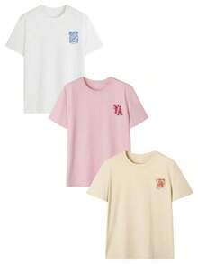 Set de 3 camisetas de manga corta con cuello redondo, de uso diario y casual, con estampado floral, simples y de moda para mujeres en verano - Blanco, rosa y albaricoque - Ver 3