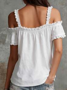 Spring/Summer New Bohemian Style White Cold Shoulder Casual Fashion Solid Color Camisole Shirt Elegant Elegant Short Sleeve Camisole Women's Top, Vacation Home Commute, Women's Elegant Top - White - View 4