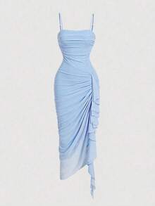 Vestido de mujer con estampado de mariposa vintage con teñido anudado, volantes fruncidos y bajo asimétrico, ideal para el Día de San Valentín, carnaval, cóctel, cena, baile de graduación, cumpleaños, verano y fiestas - Azul - Ver 1