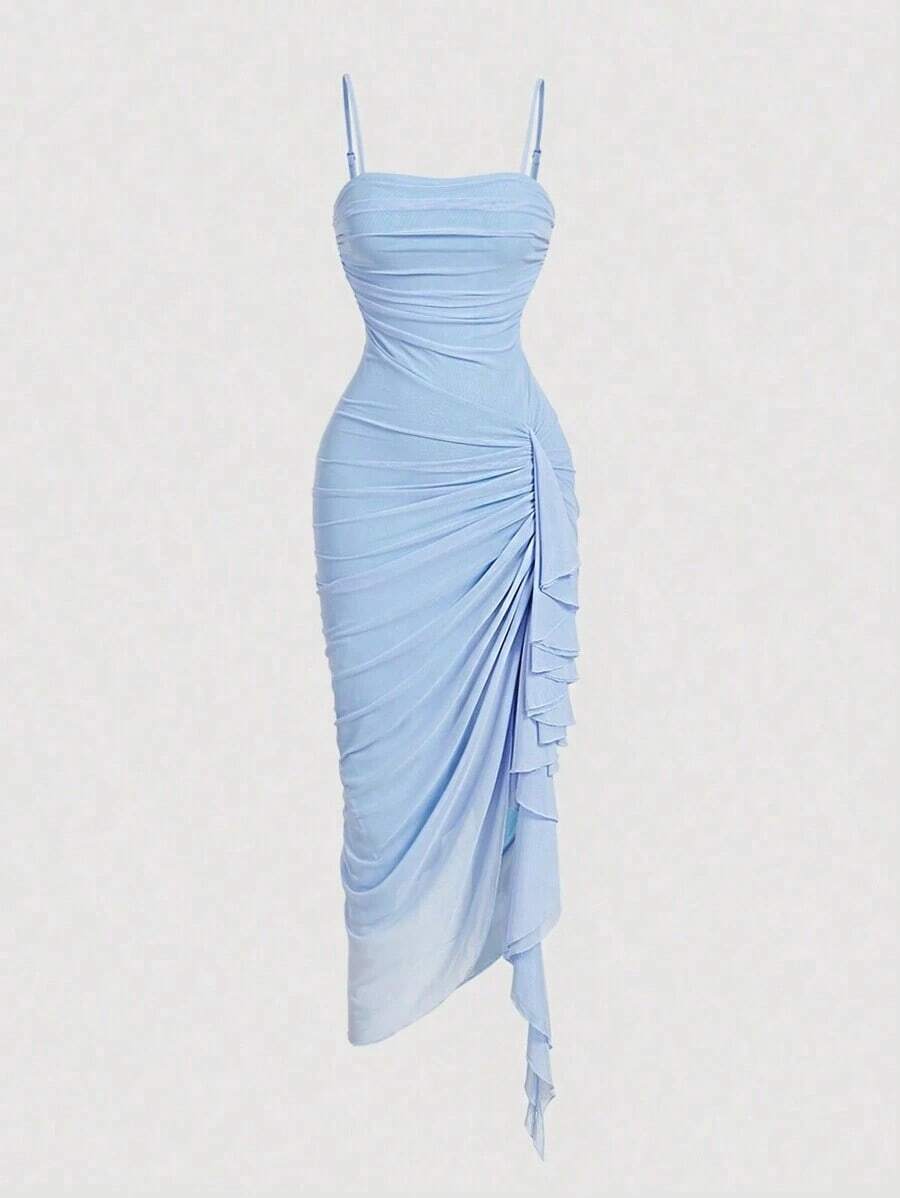 Vestido de mujer con estampado de mariposa vintage con teñido anudado, volantes fruncidos y bajo asimétrico, ideal para el Día de San Valentín, carnaval, cóctel, cena, baile de graduación, cumpleaños, verano y fiestas - Azul - Ver 1