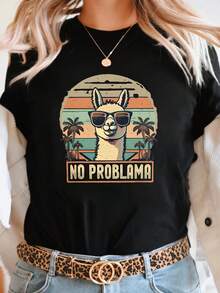 Camiseta de manga corta para mujer con cuello redondo y estampado gráfico de alpaca, genial y con estilo, ideal para salidas informales y regalos de vacaciones.Presenta un estilo vintage, relajado y divertido que transmite una actitud. - Negro - Ver 6