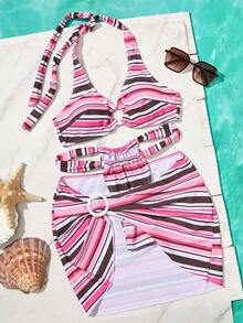 1D85 3 piezas Bikini a rayas sexy para mujer, conjunto de playa de moda para vacaciones, adecuado para fiesta de piscina de verano, festival de música y otras ocasiones de vacaciones - Multicolor - Ver 6