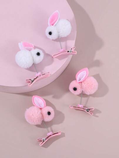 4pcs Cute Rabbit Design Hair Clips, Pink & White 3D Faux Rabbit Hair Accessories For Girls, Suitable For Daily, Festival, Party