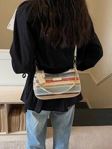 New Fashionable & Elegant Multi-Color Striped Pattern Underarm Bag With Metal Chain Handle, Women's Shoulder Bag - Multicolor - View 5
