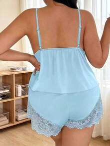 Conjunto de Pijama Camisole + Shorts Elegante, Macio e Confortável para Mulheres Plus Size, com Renda Sólida, Aplicação de Pérolas e Decoração Floral - Azul - Visão 2