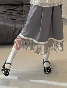 Versión de piel de oveja ~ Zapatos planos de punta dividida tipo Mary Jane con estampado de lunares y tira única, versátiles para el transporte diario - Negro - Ver 7