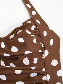 Conjunto de traje de baño de una pieza con escote halter y lunares asimétricos, talla grande falda larga para mujer - Marrón - Ver 10