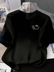Una camiseta de manga corta holgada de verano para mujer, de estilo casual, con estampado de sonrisa Y2K y cuello redondo - Negro - Ver 1