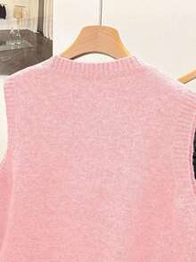 1 pieza Chaleco sin mangas de punto de unicolor con cuello redondo corto, diseño asimétrico con botones, accesorio de moda, chaleco versátil de punto para el verano - Rosa Pálido - Ver 5