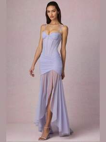 Women's Short Printed Strappy Dress - High Waist With Side Slit, Beachy Holiday Style - New Arrival Summer 2026 - 紫色 - 查看 2