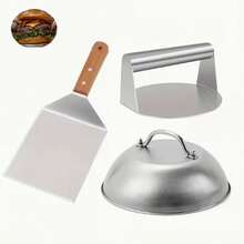 Juego de 3 piezas para BBQ, Juego de prensa de hamburguesas con espátula de mango de madera, Tapa para derretir queso, Herramientas de BBQ de acero inoxidable - herramientas para barbacoa - Ver 12