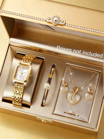 Set de 6 relojes de cuarzo elegantes de acero inoxidable cuadrados para mujer + accesorio con forma de corazón - Regalo ideal para el Día de la Madre, San Valentín, Ramadán, cumpleaños, Día Nacional, Año Nuevo, Pascua y Navidad
