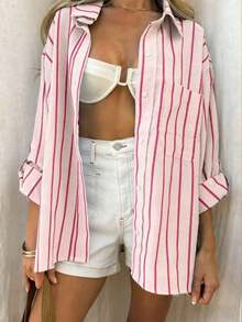 Camisa casual de mujer de un solo pecho con hombros caídos y mangas enrolladas a rayas - Rosa Pálido - Ver 8