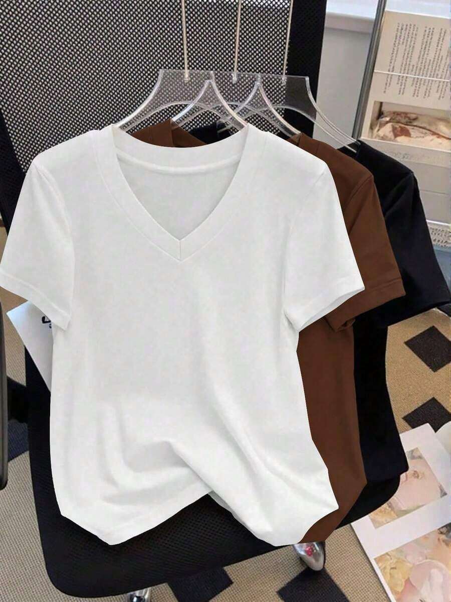 Camiseta casual versátil de mujer de unicolor con cuello en V y manga corta - Blanco - Ver 1