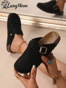 LangMoon 2026 Nouvelles sandales pour femmes à la mode, noires, ultra-légères, à semelle plate épaisse et souple, surface douce, augmentant la taille, chaussures à boucle avec bout fermé, sabots en bois, mules décontractées, semelle épaisse, légères et confortables - Noir - Toutes saisons - Voir 6