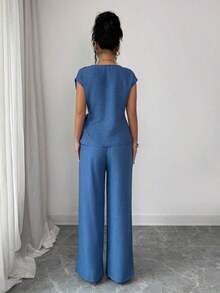 azul plisada con lazo ajustable en la cintura y pantalones anchos de tiro alto con bolsillos, conjunto elegante y casual para la oficina - Azul - Ver 2