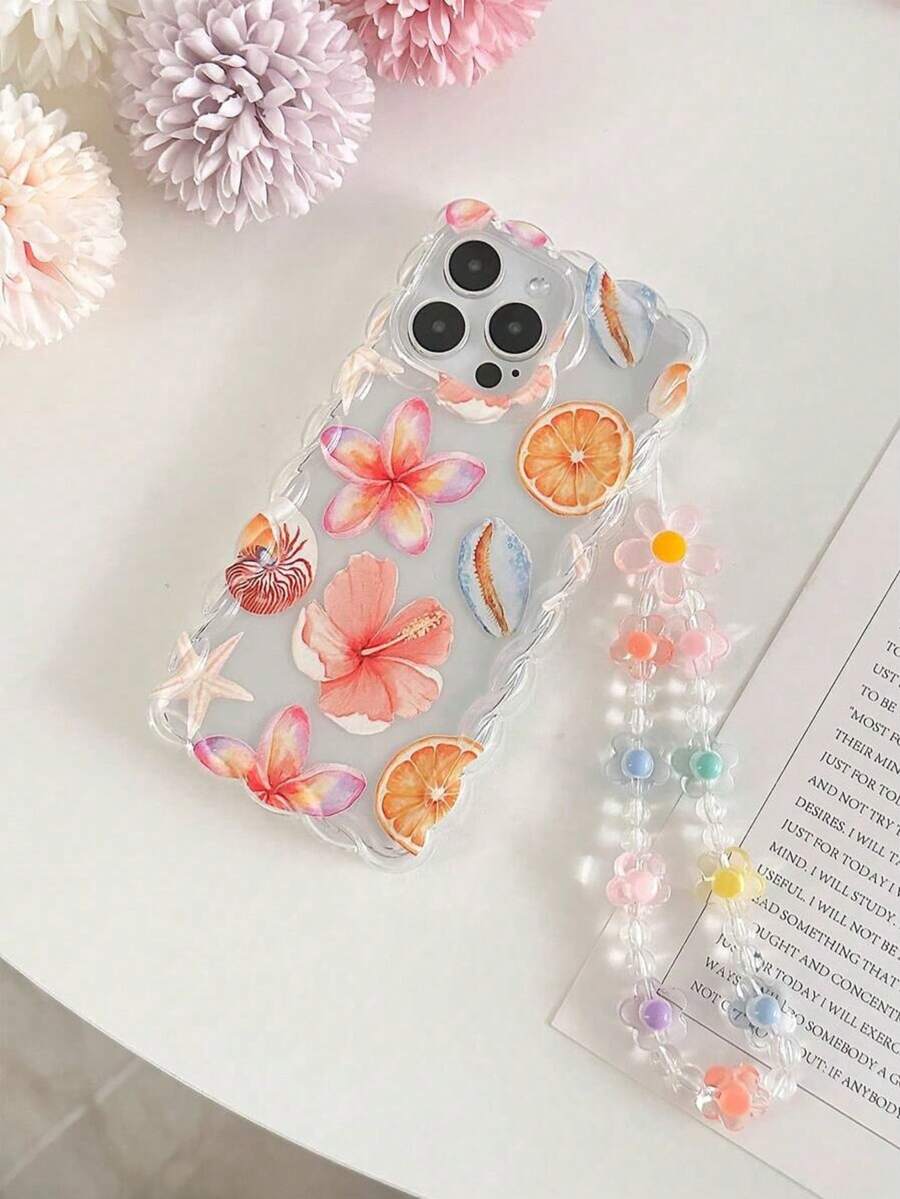 1pc Ocean Elements Starfish, Turtle, Jellyfish, Hibiscus, Coral, Dolphin Pattern Wave Knitted Floral Chain Silicone Shockproof Transparent Phone Case Compatible With IPhone 11/12/13/14/15 Pro Max - Multicolor - View 1