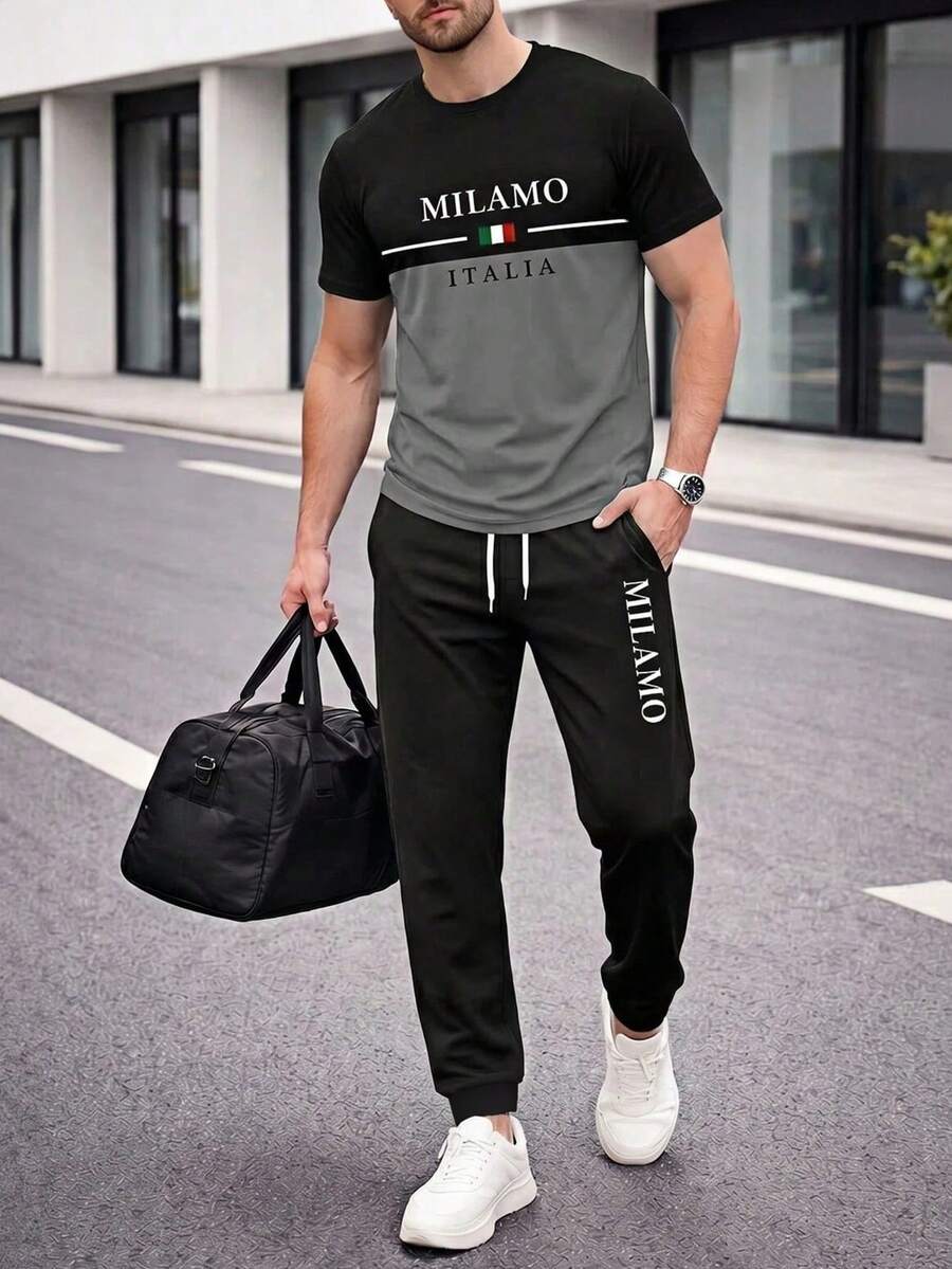 KOVSEE Bộ đồ thể thao nam ITALIA in chữ, gồm áo thun ngắn tay và quần nỉ, phong cách đường phố năng động. - màu đen - Xem 1