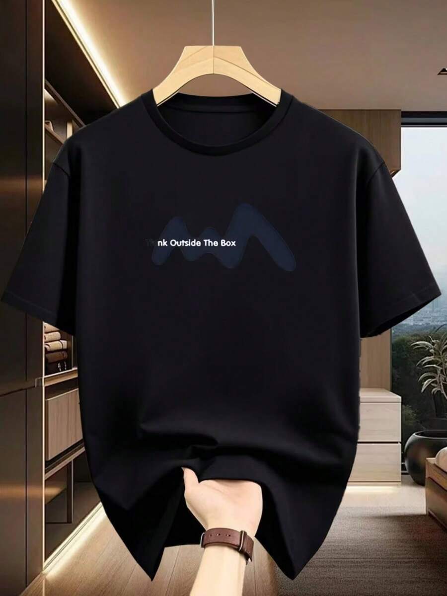 Men's T-Shirt With "Think Outside The Box" Print - Classic Black Short-Sleeved T-Shirt With Round Neck And Creative Thinking Motifs, Made Of Soft And Breathable Fabric, Suitable For Casual, Sporty And Urban Style Wear, As Well As For Summer Leisure Outfits. - 黑色 - 查看 1