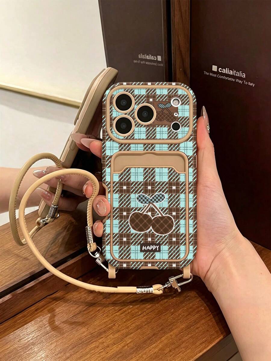 1pc Porta-cartões com cordão de couro PU pintado com padrão de xadrez bicolor, cereja e letra, couro de cordeiro, capa de telemóvel macia anti-queda compatível com Apple 17Pro/17/Air/17Promax/11/12/13/14/16 Pro Max/16 Pro/15 Series, proteção da lente, presente de férias - Multicolorido - Ver 1