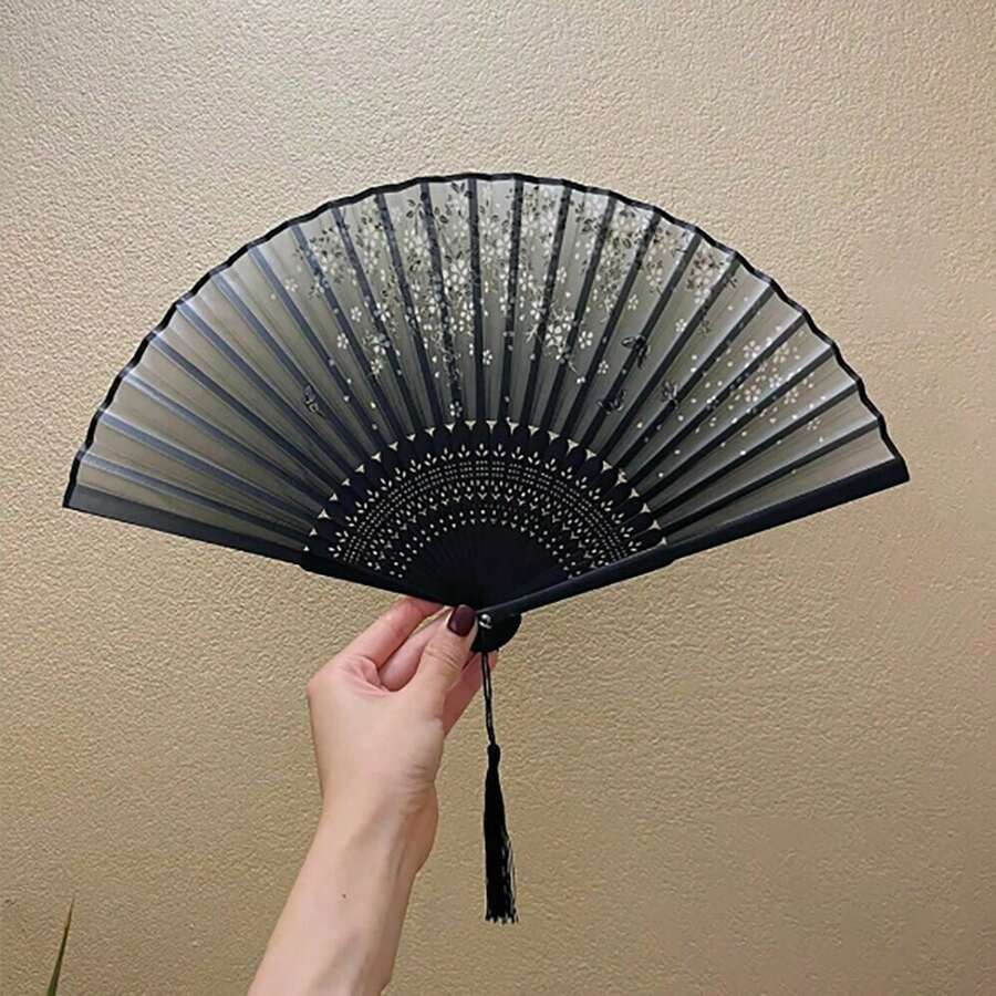 1把复古折叠竹扇,舞扇,饰有黑色蝴蝶流苏花卉图案,手扇,优雅,露营,旅行必备 - 黑色 - 查看 1