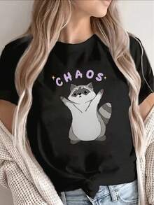 Lightweight And Durable Short-Sleeved T-Shirt, Adorned With A Humorous Design Depicting A Raccoon And Chaos, Perfect For Casual Outings At Home, In Cafes Or Outdoors, Offering Optimal Comfort For Everyday Use. - Black - View 1