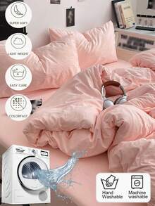 3pcs Solid Color Skin-Friendly Brushed Bedding Set (1*Duvet Cover + 2*Pillowcases, No Filler), Machine Washable, Suitable For All Seasons, Bedroom Use, Soft & Comfortable - Apricot - View 4