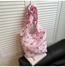 Borsa in nylon dal design unico e con volant floreali, un nuovo stile grazioso per ragazze, versatile per gli spostamenti quotidiani, da portare a tracolla o sotto il braccio. - Fiocco bianco - Visualizzare 8