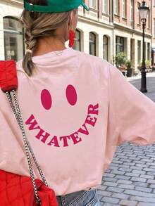 Nueva camiseta de manga corta para mujer con cuello redondo y estampado de "WHATEVER" y una sonrisa, estilo veraniego, versátil y a la moda, adecuada para el uso diario de las mujeres y para las vacaciones de primavera. - Caqui - Ver 6