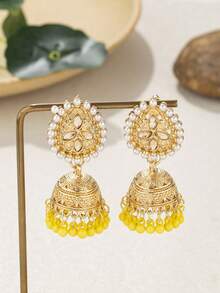 1 Pair Pearl Teardrop Shaped Jingle Bell Earrings - Yellow - View 2