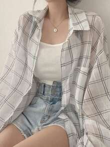 Korean Chic Summer French Casual Loose Thin Plaid Long Sleeve Shacket For Women Spring White - White - View 4