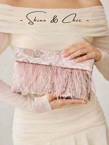 PREMIUM LADIES ELEGANT FLORAL PATTERN BEAD MATERIAL CLUTCH BAG ENVELOPE BAG WITH ARTIFICIAL FEATHER DECORATION,VALENTINES DAY - Pink - View 8