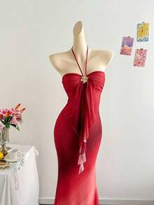 2026 Women's Romantic Gradient Mesh Knit Holiday Dress With Halter Neck, Bow And Decorative Metal Buckle, Mermaid Cut, Suitable For Parties, Dates, Afternoon Tea, Sexy And Elegant - 彩色 - 查看 6