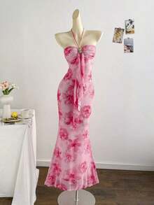 2026 Women's Romantic Gradient Mesh Knit Holiday Dress With Halter Neck, Bow And Decorative Metal Buckle, Mermaid Cut, Suitable For Parties, Dates, Afternoon Tea, Sexy And Elegant - 粉色 - 查看 12