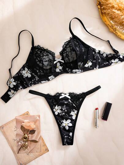 Women's Lace Patchwork Floral Thin Cup Sexy Underwire Bra Set