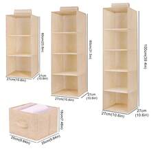 Bolsa de Almacenamiento Colgante de Lino y Algodón, Organizador de Armario Estilo Cajón, Caja Organizadora de Ropa, Estante de Almacenamiento Colgante Plegable - Beige de 3 capas - Ver 4