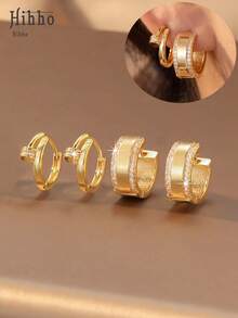Hihho 4pcs Luxury Fashion Stackable Earrings Set, Geometric Design With Full Zirconia Ear Clips, Minimalist Elegant And Sparkling, Suitable For Commute, Daily Wear, Workplace, Light Social Occasions, Great Gift For Girlfriend - Earrings Set - View 2
