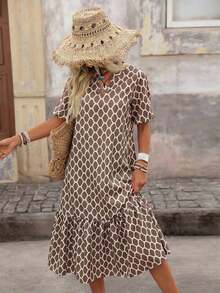 Vestido de mujer con cuello con muescas, volantes en el bajo y mangas cortas - Caqui - Ver 1