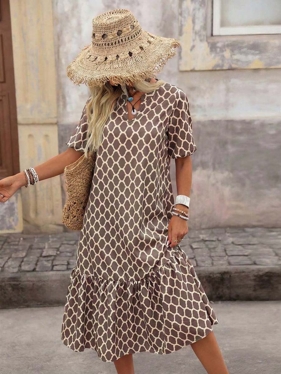 Vestido de mujer con cuello con muescas, volantes en el bajo y mangas cortas - Caqui - Ver 1