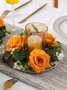 MEHELANY 1pc Orange Artificial Rose Table Centerpiece, Faux Floral Table Runner With Green Leaves, Fake Rose Wreath Suitable For Home Dining Table, Birthday Party, Wedding Venue, Bridal Shower, Rustic Style Table Decor - Orange - View 5
