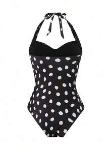 Conjunto de traje de baño de una pieza con escote halter y lunares asimétricos, talla grande falda larga para mujer - Blanco y Negro - Ver 5