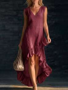 New Romantic Sleeveless V-Neck Ruffled Cotton And Hemp Dress For Spring And Autumn 2026 - Burgundy - View 1
