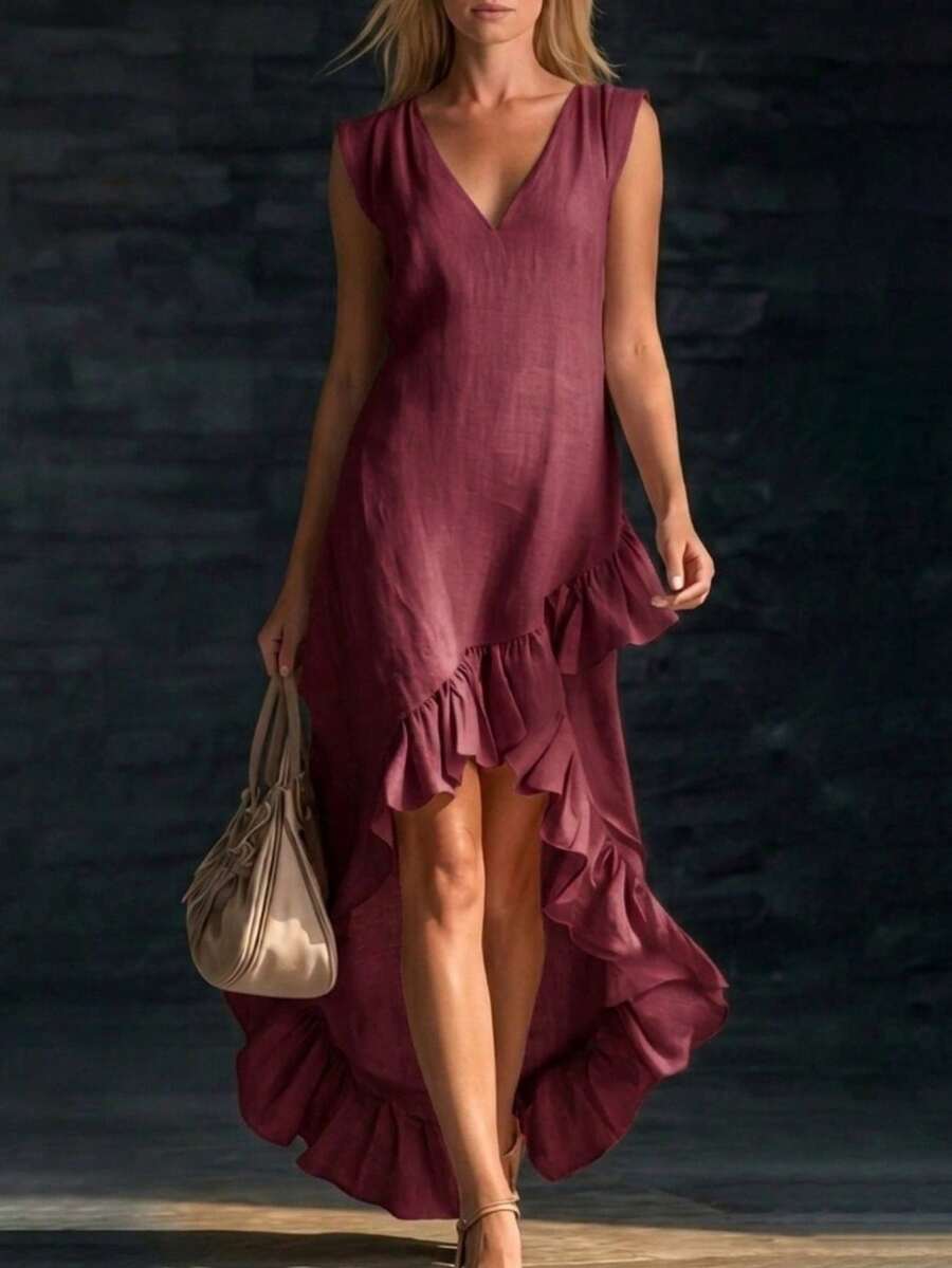New Romantic Sleeveless V-Neck Ruffled Cotton And Hemp Dress For Spring And Autumn 2026 - Burgundy - View 1