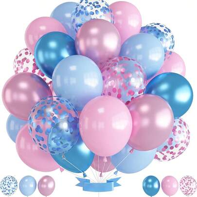 Globos rosados y azules de 10 pulgadas, globos de látex con confeti en tonos pastel rosa y azul para revelación de género, tema de niños o niñas, para arcos, baby shower, boda, fiesta de cumpleaños y decoraciones