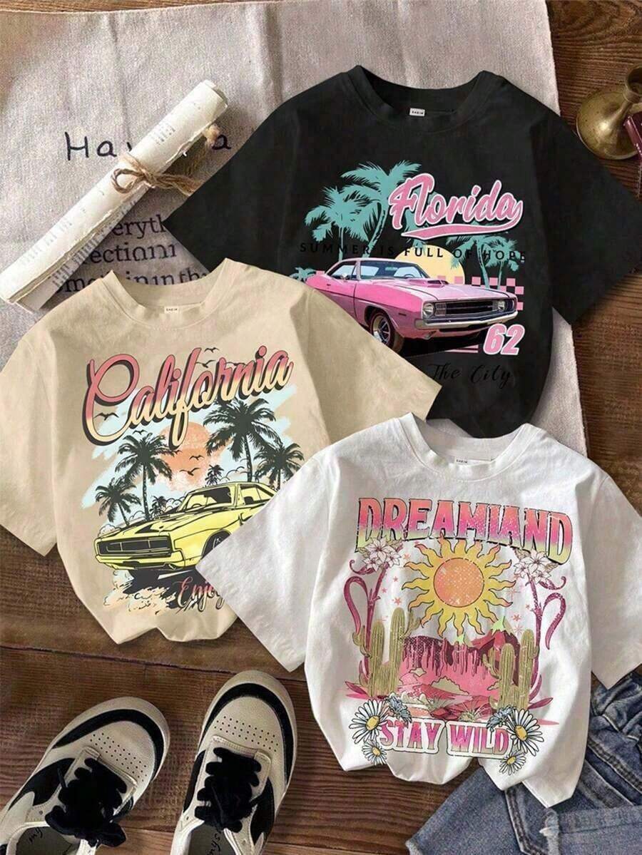 Single Garment, Not A 3-Piece Set. 1 Piece/Set Of Short-Sleeved T-Shirts Suitable For Streetwear, Daily Outings, Camping, Concerts, Hip-Hop, Rock, And Rap Events. Unisex Short-Sleeved Crew Neck T-Shirt, Designed By Y2K Artists In The Bababask Style, Made Of 100% Pure Cotton. They Are Casual And Versatile, Suitable For Streetwear, Daily Outings, Camping, Concerts, Hip-Hop, Rock, And Rap Events. Set Of Modern Printed T-Shirts With A Retro Design Of Cars, Sun, And Landscapes – Comfortable And Youthful. - 白色 - 查看 1