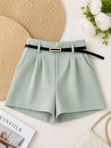 Women's Tailored High-Waisted Shorts + Belt With Gold Buckle - 0.霧綠 - 查看 2