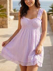 Cute  Casual    Lace    Backless  Ruffle    Y2k Summer Babydoll Dress  Beach  Travel  Daily  Dating  Vacation    Summer Sundress - Màu tím hoa cà - Xem 6