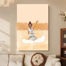 Enmarcado [2D Plano] 1 pieza, 2D Plano, Niña arrodillada surfeando en tabla, lámina artística, decoración vintage para lago, póster de deportes acuáticos, decoración para cabaña junto al lago,  de wakeboard,  de wakeboard, regalo para el lago.jpg Divertido lienzo decorativo para el hogar, dormitorio, cocina, sala de estar, baño, hotel, cafetería, oficina, póster de  en lienzo, 2D Plano, perfecto para la decoración de habitaciones - Enmarcado - Ver 1