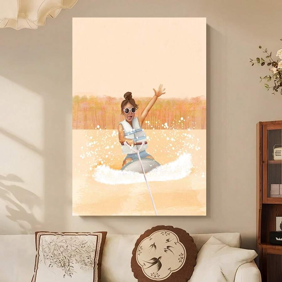 Enmarcado [2D Plano] 1 pieza, 2D Plano, Niña arrodillada surfeando en tabla, lámina artística, decoración vintage para lago, póster de deportes acuáticos, decoración para cabaña junto al lago,  de wakeboard,  de wakeboard, regalo para el lago.jpg Divertido lienzo decorativo para el hogar, dormitorio, cocina, sala de estar, baño, hotel, cafetería, oficina, póster de  en lienzo, 2D Plano, perfecto para la decoración de habitaciones - Enmarcado - Ver 1